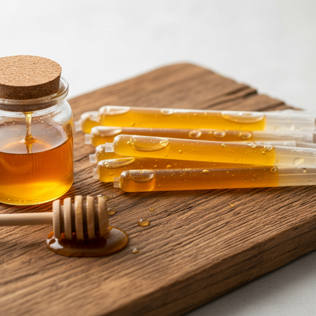 honey straws on a wooden tray