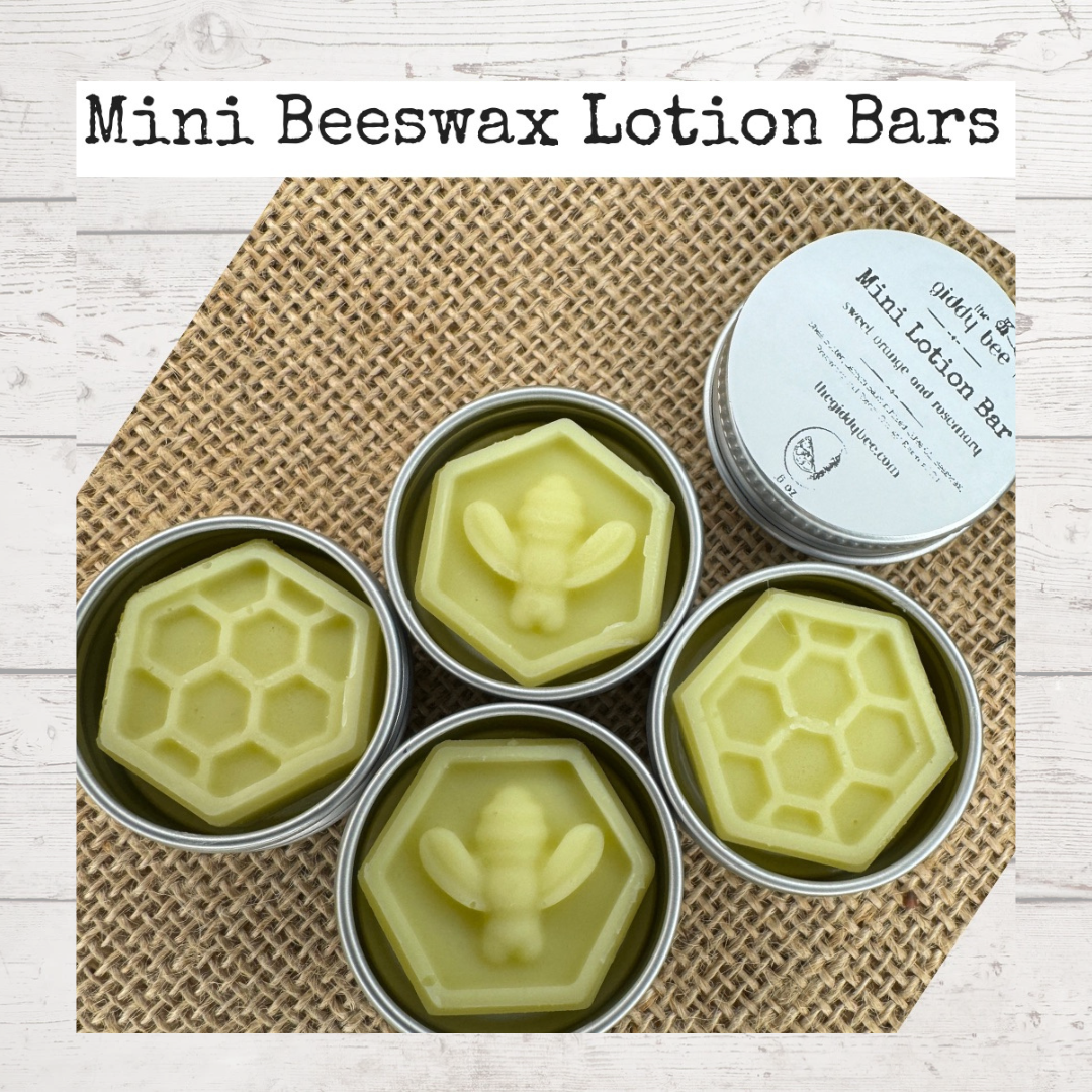 A handcrafted Mini Beeswax Lotion Bar, made with beeswax, shea butter, and herbal-infused oil, displayed in a compact 1.5-inch size—perfect for travel, gifts, and party favors. Made in small batches by an award-winning South Carolina beekeeper.