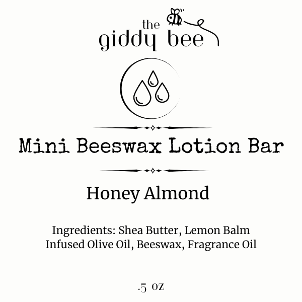 A handcrafted Mini Beeswax Lotion Bar, made with beeswax, shea butter, and herbal-infused oil, displayed in a compact 1.5-inch size—perfect for travel, gifts, and party favors. Made in small batches by an award-winning South Carolina beekeeper.