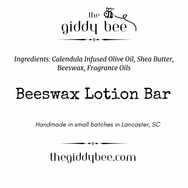 A handcrafted Mini Beeswax Lotion Bar, made with beeswax, shea butter, and herbal-infused oil, displayed in a compact 1.5-inch size—perfect for travel, gifts, and party favors. Made in small batches by an award-winning South Carolina beekeeper.