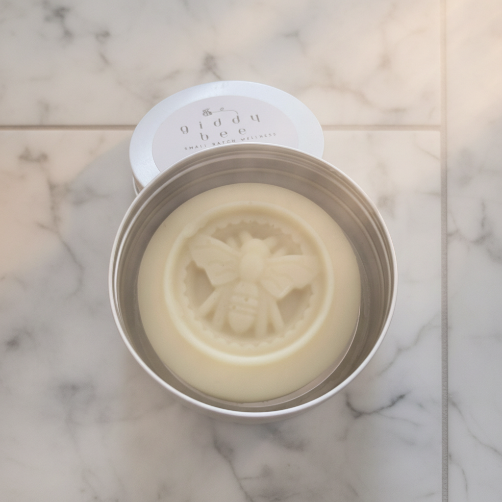 Handmade beeswax solid lotion bar, crafted in small batches with natural ingredients like herb-infused oil, shea butter, and beeswax for deep hydration and skin nourishment.