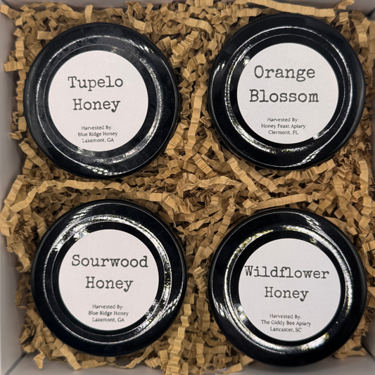 Image of 4 jars of honey featured in the Honeys of the Southeast Experience Box