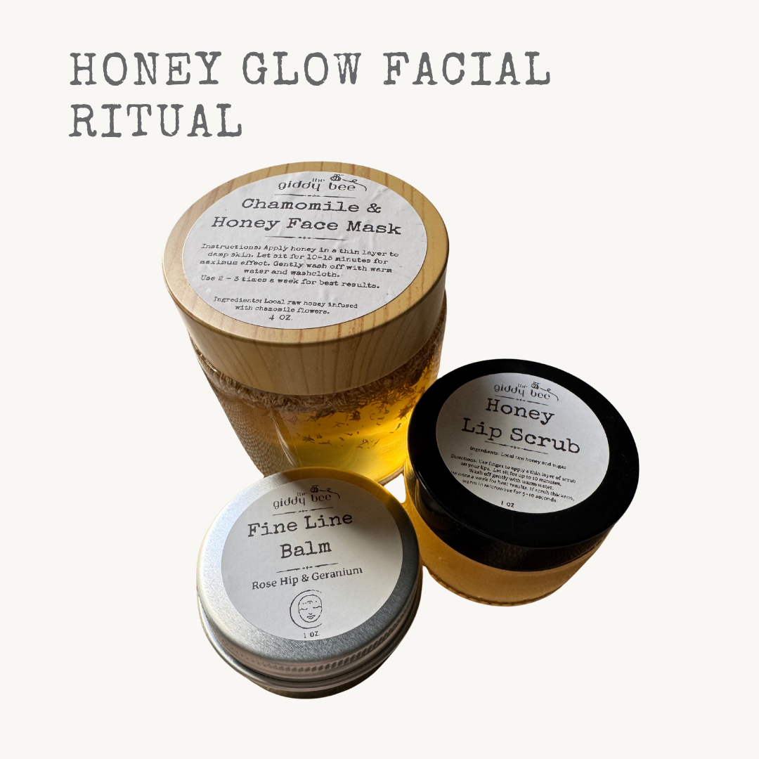 Jars of honey and beeswax-based skincare products with labels o
