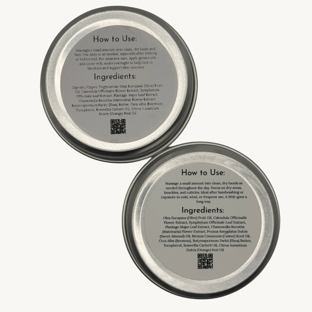 Ingredient list for the hand salve and heel balm