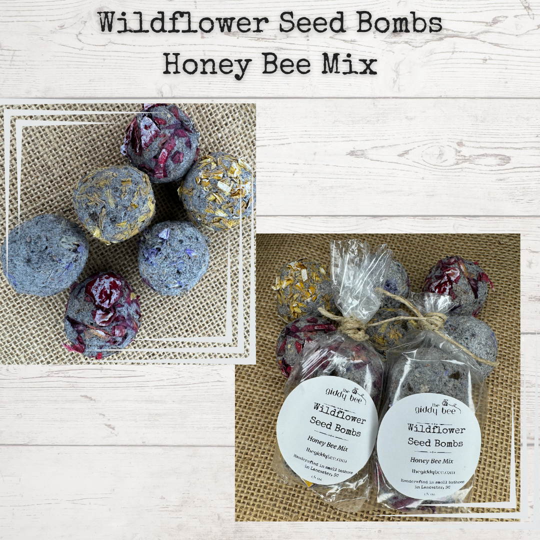 A collection of wildflower seed bombs in various states of drying, some with decorative flower patterns, tied in groups, and labeled with 'Wildflower Seed Bombs Honey Bee Mix'.