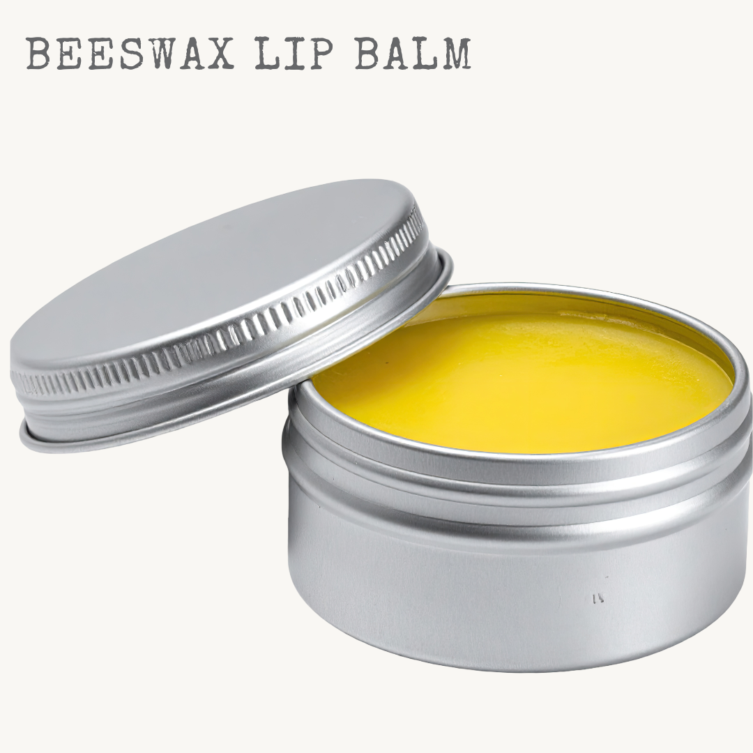 Open metal tin showing smooth beeswax lip balm