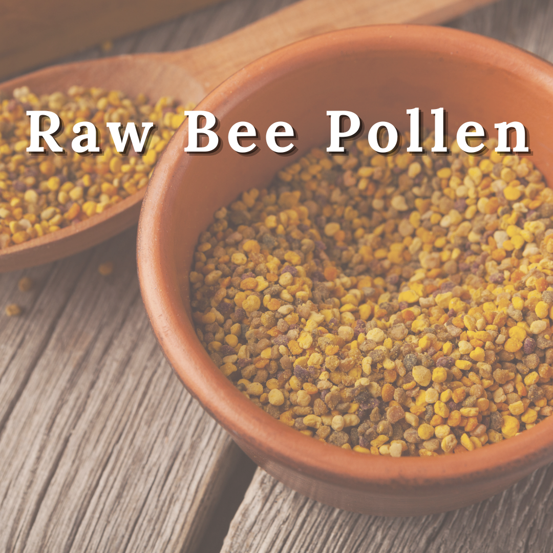 Raw bee pollen granules in a terracotta bowl with a wooden spoon in the background, overlaid with the text 'Raw Bee Pollen'.