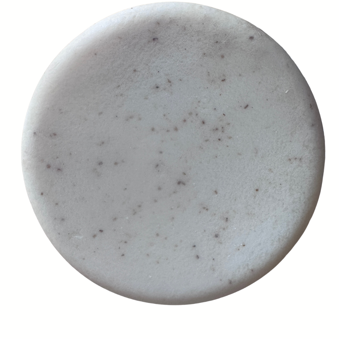 A round, flat cosmetic sponge or applicator pad with a textured, off-white surface speckled with small dark brown or black dots, isolated on a white background.