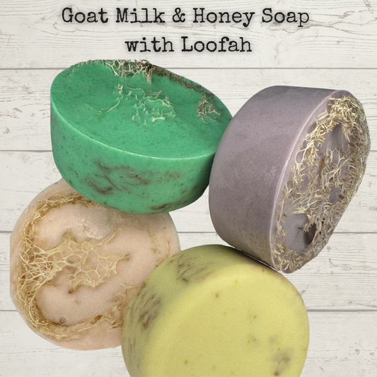 Handmade goat milk and honey soap bar with locally sourced loofah for natural exfoliation, deep hydration, and gentle cleansing. Crafted in small batches with all-natural ingredients.