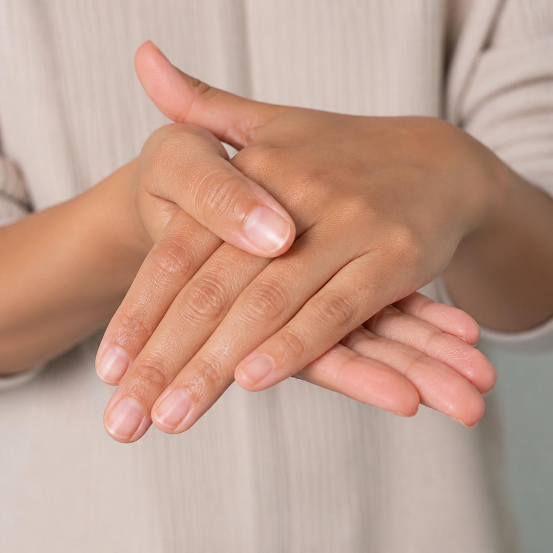 dry hands rubbing hands together with moisturizing product
