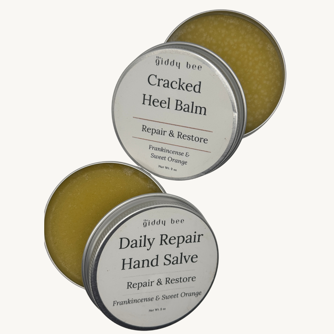 open tins of cracked heel balm and daily hand repair