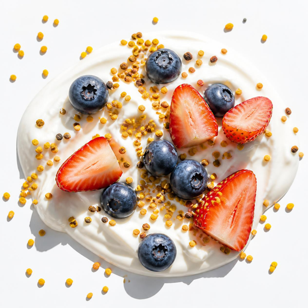 A top-down view of a white creamy spread on a white surface, topped with sliced strawberries, whole blueberries, and scattered golden flax seeds.