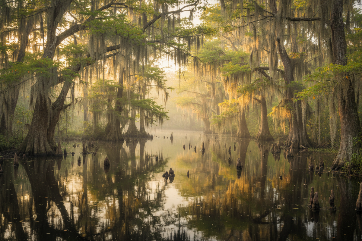 A misty cypress swamp scene with tall trees draped in hanging moss, their reflections visible in calm water at sunrise.